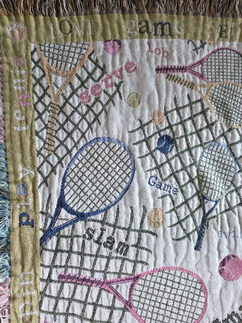 Vintage Tennis Woven Tapestry Throw Blanket 45x60 Fringe Sports Goodwin Weavers